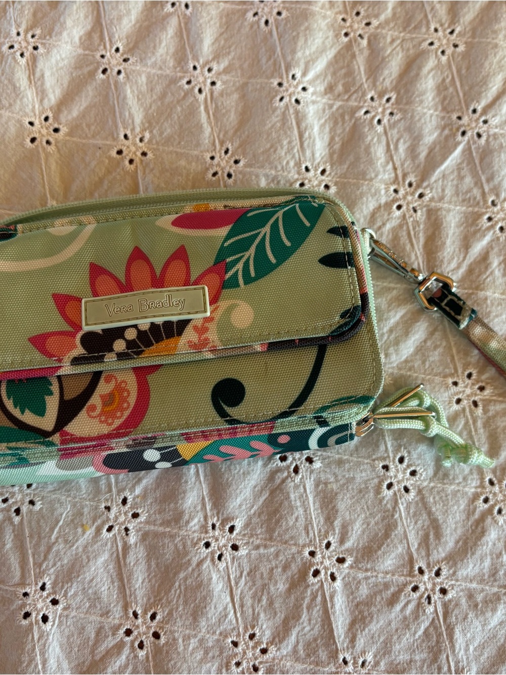Vera Bradley Light Green Floral Zip Wristlet Wallet with Multicolor Print